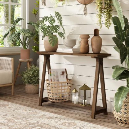 43" Solid Wood Farmhouse Console Table for Living Room, Natural | Rustic Hallway Stand for Entryway, 2-Tier Sofa Storage Unit