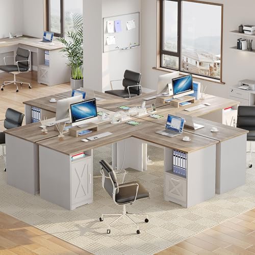 L Shaped Desk with Power Outlets, 60 Inch Computer Desk Corner Desk with File Drawer, Home Office Desk with Monitor Stand & Storage Shelves, L-Shaped Desk with File Cabinet, Grey Wash