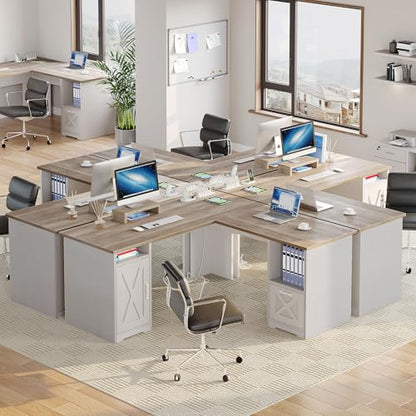 L Shaped Desk with Power Outlets, 60 Inch Computer Desk Corner Desk with File Drawer, Home Office Desk with Monitor Stand & Storage Shelves, L-Shaped Desk with File Cabinet, Grey Wash