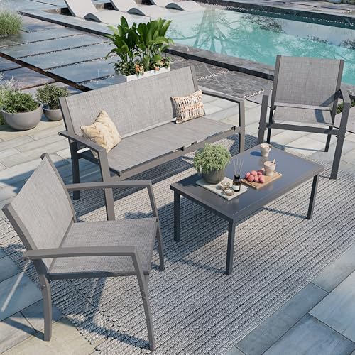 4 Pieces Patio Furniture Set All Weather Textile Fabric Outdoor Conversation Set, with Glass Coffee Table, Loveseat, 2 Single Chairs for Home, Garden, Lawn, Porch（Silver）
