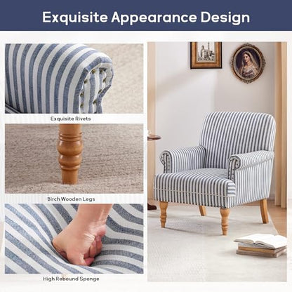 Linen Fabric Accent Chair, Mid-Century Modern Armchair with Solid Wood Legs, Single Sofa Chair,Upholstered Reading Club Chair (1, Dark Blue and White Stripe)