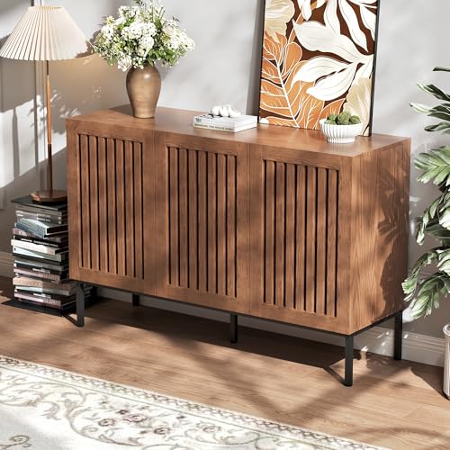 Modern Storage Cabinet with Slatted Doors,Sideboard Buffet Cabinet with Adjustable Shelf and Metal Legs for Kitchen,Dining Room,Living Room,47 Inch, Brown