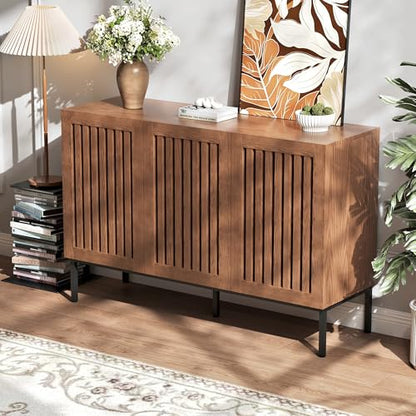 Modern Storage Cabinet with Slatted Doors,Sideboard Buffet Cabinet with Adjustable Shelf and Metal Legs for Kitchen,Dining Room,Living Room,47 Inch, Brown