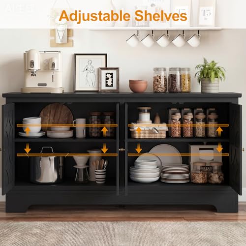 Sideboard Buffet Cabinet with Storage, 56" Modern Sideboard with 4 Carved Doors, view 4