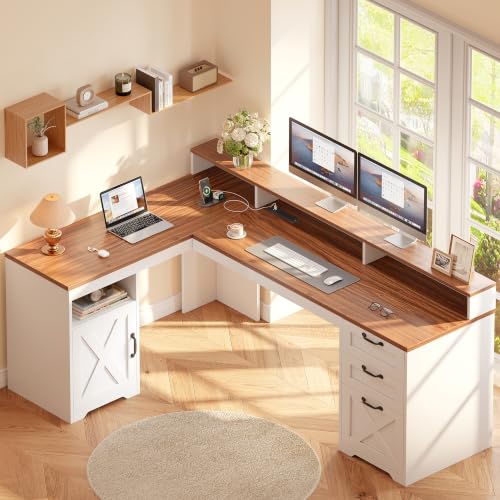 63" Farmhouse L Shaped Desk with 3 Wooden Drawers, Printer Shelf, view 2