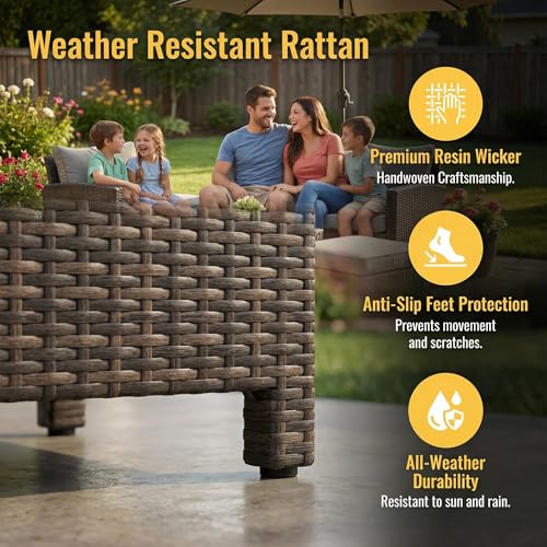 7 Piece Patio Furniture Set, High Curved Back Wicker Outdoor Dining Set, All Weather Patio Sectional, Outdoor Furniture Patio Conversation Set with Ottoman, Ash Gray