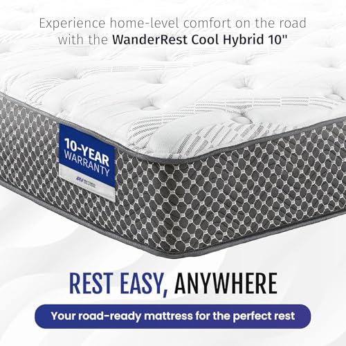 WanderRest Cool Hybrid 10” RV Mattress, Short Queen 60x74, Medium, Cooling Gel Memory Foam & Pocketed Coil Mattress for RV, Camper, or Travel Trailer, Made in USA
