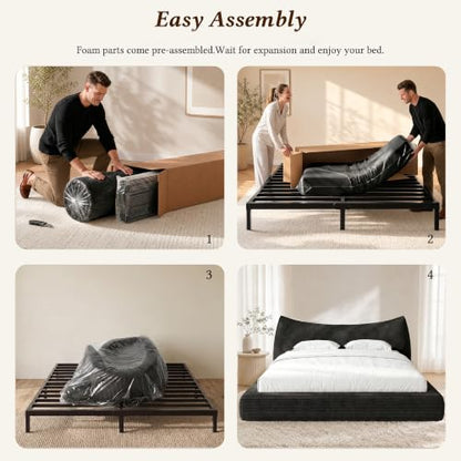 Queen Corduroy Cloud Bed Frame with Cat-Ear Design, Black, view 4