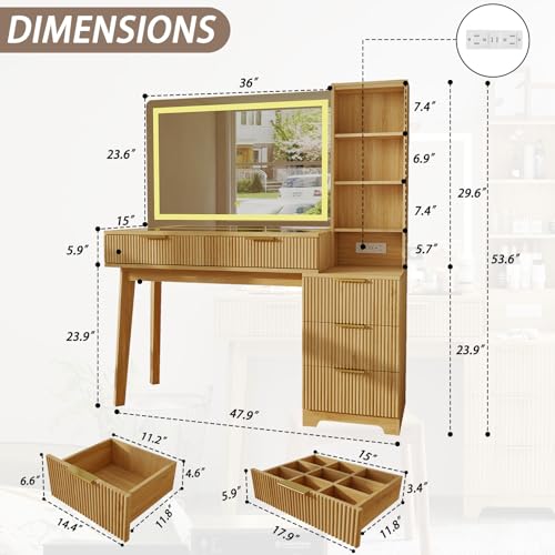 Oak Fluted Makeup Vanity Desk, 48" Vanity Desk with 36" Mirror, view 3