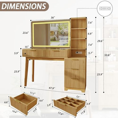 Oak Fluted Makeup Vanity Desk, 48" Vanity Desk with 36" Mirror, view 3
