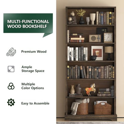 6 Tiers Wooden Bookshelf, 77.2" Tall Farmhouse Style Open Bookcase, view 4