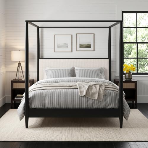 Queen Size Solid Wood Canopy Bed Frame with Upholstered Headboard, view 2