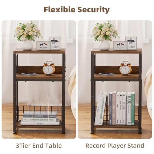 Record Player Stand, 3 Tier End Table Hold Up to 100 Albums, Turntable Stand for Vinyl, Record Shelf for Living Room Bedroom, Rustic Brown