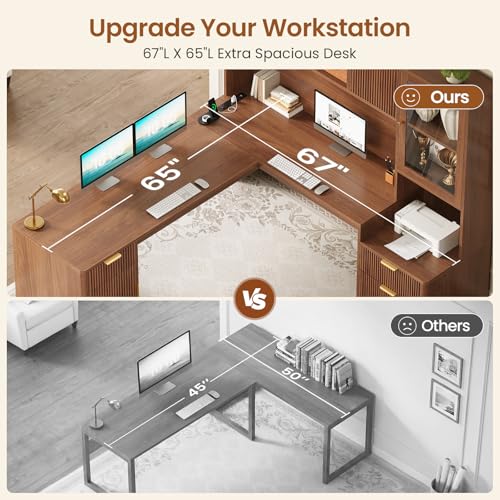 67" x 65" L Shaped Desk with Hutch, view 4