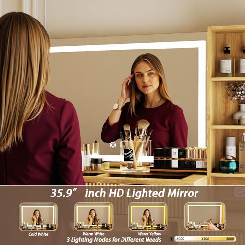 Oak Fluted Makeup Vanity Desk, 48" Vanity Desk with 36" Mirror, view 5