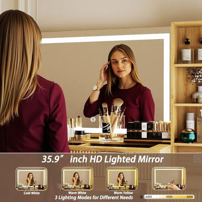 Oak Fluted Makeup Vanity Desk, 48" Vanity Desk with 36" Mirror, view 5