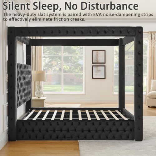 Queen Size Canopy Bed Frame with Velvet Headboard, Charging Port, view 6