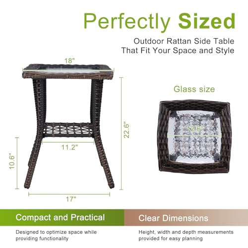 Rattan Outdoor Side Table with Glass Top & Storage Shelf | Small patio end coffee table, versatile furniture for porch, backyard, balcony and indoor living room