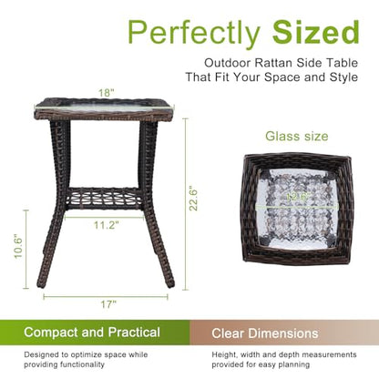 Rattan Outdoor Side Table with Glass Top & Storage Shelf | Small patio end coffee table, versatile furniture for porch, backyard, balcony and indoor living room