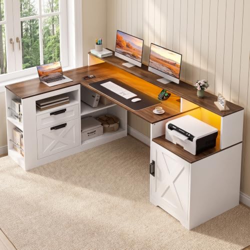 L Shaped Executive Desk with Drawers & Outlets, LED Lights, view 2