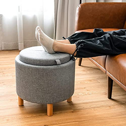 Round Storage Ottoman with Tray Lid, Accent Storage Footstool w/Soft Padding, Fabric Sitting Stool w/Solid Wood Legs & Non-Slip Pads, Tray Top Coffee Table for Living Room, Bedroom (Grey)