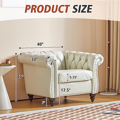 Chesterfield Chair, Modern Faux Leather Tufted Accent Sofa Couch Chair with Rolled Arms and Nailhead for Living Room, Bedroom, Office, Apartment (White)