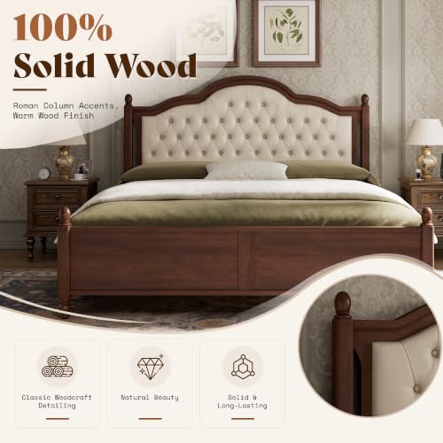 Solid Wood King Size Bed Frame with Upholstered Headboard, view 7