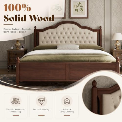 Solid Wood King Size Bed Frame with Upholstered Headboard, view 7