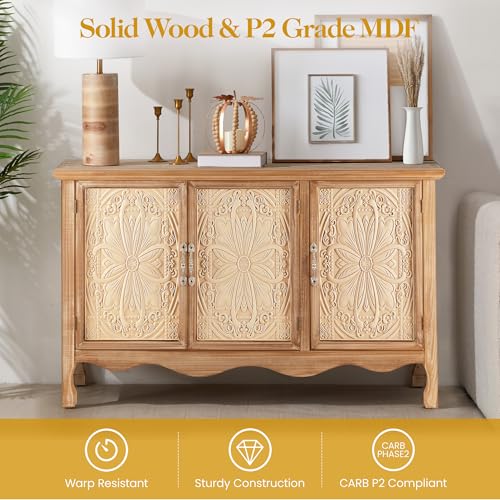 Sideboard Buffet Cabinet with Storage, Natural Solid Wood, view 5