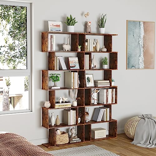 Geometric Bookcase, Bookshelf 6-Tier S Shaped Book Shelves for Bedroom, Modern Wood Decorative Display Shelf Tall Book Case for Home Office, Rustic Brown