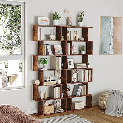 Geometric Bookcase, Bookshelf 6-Tier S Shaped Book Shelves for Bedroom, Modern Wood Decorative Display Shelf Tall Book Case for Home Office, Rustic Brown
