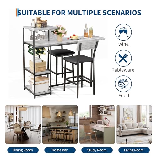 Dining Table Set for 2, 3-Piece Expandable Bar Table and Chairs Set, with Storage Shelves and Wine Rack, Small Kitchen Dining Set for Living Room, Apartment