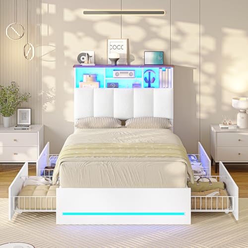 Twin Size Bed Frame with Storage Headboard & 4 Drawers, LED Lights, White, view 8