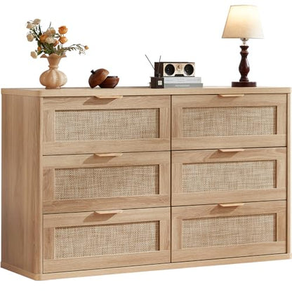 Rattan 6 Drawer Dresser for Bedroom, Boho 48" Wide Natural Wood Dresser Chest of Drawers, Dressers TV Stand with Metal Handle, Storage Dressers Closet Organizer for Living Room, Hallway