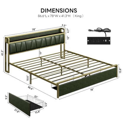 King Size Bed Frame with 2 Drawers and Charging Station, view 3