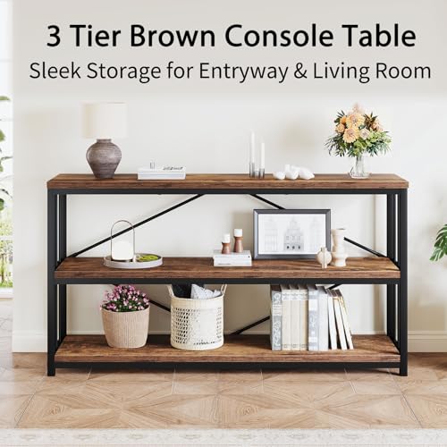 Industrial Console Entryway Table, Metal Wood Rustic Sofa Table with Storage, Farmhouse 3 Tier Shelf Long Hallway Foyer Entry Tables Behind Couch for Home Living Room Entryway, Rustic Brown, 55 In