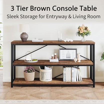 Industrial Console Entryway Table, Metal Wood Rustic Sofa Table with Storage, Farmhouse 3 Tier Shelf Long Hallway Foyer Entry Tables Behind Couch for Home Living Room Entryway, Rustic Brown, 55 In