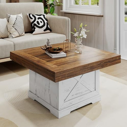 31.5 in Farmhouse Coffee Table for Living Room with X-Design, Square | Rustic Center Table, Small Space, Wooden Pedestal, Home Office Tea Accent Table for Apartment, Easy Assembly, Antique White