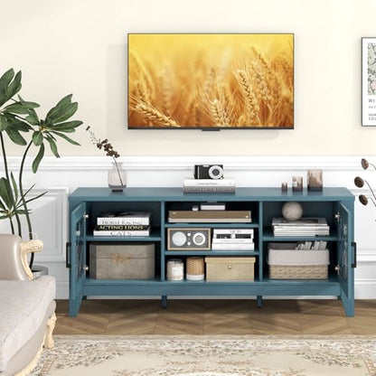Farmhouse TV Stand for TVs Up to 65-in, Classic Media Entertainment Center w/Glass Door Cabinets & 4 Adjustable Shelves, Modern TV Console Table w/ 3 Cable Holes for Living Room (Teal Blue)