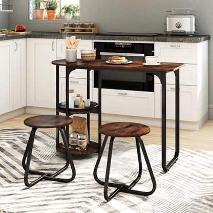 3-Piece Dining Table Set, Wooden Industrial Kitchen Table and 2 Stools with 2-Tier Storage Shelves and Metal Frame, Space Saving Dinette Set for Living Room, Breakfast Nook, Rustic Brown