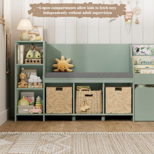 67"W Kids Reading Nook with Bookshelf, Toy Storage Organizer, Green | Cushioned Bench & Large Movable Toy Storage Box on Wheels, 6 Open Cubbies for Ease Fetch, Kid Bookcase for Playroom, Kid Room