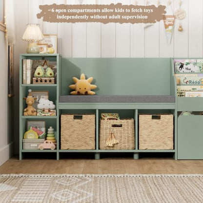 67"W Kids Reading Nook with Bookshelf, Toy Storage Organizer, Green | Cushioned Bench & Large Movable Toy Storage Box on Wheels, 6 Open Cubbies for Ease Fetch, Kid Bookcase for Playroom, Kid Room