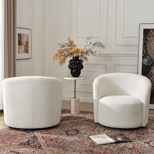 34" W Swivel Barrel Chair Set of 2, Mid Century Modern Round Upholstered Boucle Swivel Accent Chairs, No Assembly Sofa Chair for Living Room Bedroom Reading, Cream