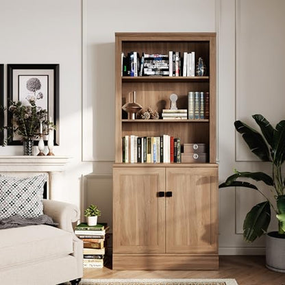 72 in Tall Bookshelf 5 Tier Bookcase with Adjustable Shelves, Oak Book Shelf with Storage Cabinet, Wood Freestanding Display Bookshelves for Home Office，Bedroom, Living Room