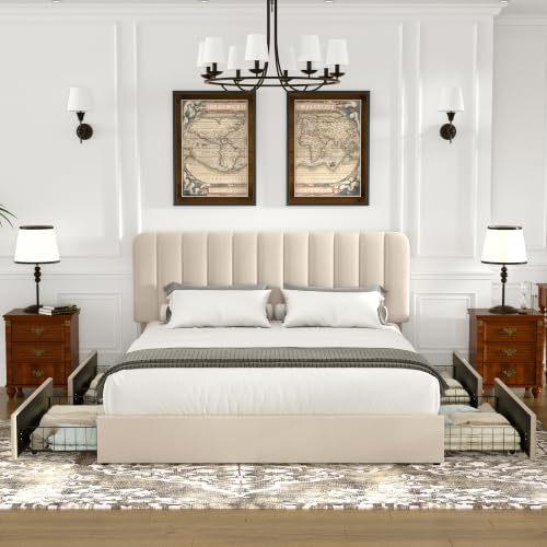 Velvet Platform Storage Bed with Wooden Slats, Beige, view 3