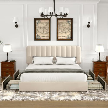 Velvet Platform Storage Bed with Wooden Slats, Beige, view 3