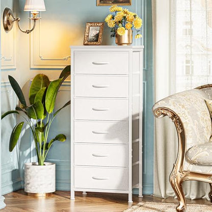 Tall Dresser for Bedroom, Stable 6 Drawer Dresser with Anti-Tip Device, PU Leather & Fabric Drawers, Tall Nightstand for Closet, Nursery, Storage Tower for College Dorm High Beds, White