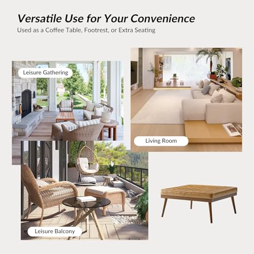 36" Genuine Leather Square Tufted Ottoman Coffee Table, Camel | 100% Genuine Leather, Button Tufted Style, Solid Wooden Flared Legs, Mid-Century Modern Extra Seating for Living Room