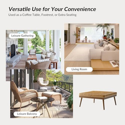 36" Genuine Leather Square Tufted Ottoman Coffee Table, Camel | 100% Genuine Leather, Button Tufted Style, Solid Wooden Flared Legs, Mid-Century Modern Extra Seating for Living Room