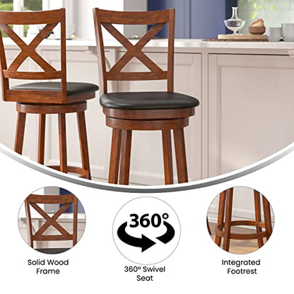 Sora Crossback Swivel Bar Height Stool - Antique Oak Finish - 30" H Padded Black Faux Leather Seat - 360° Swivel - Integrated Footrest